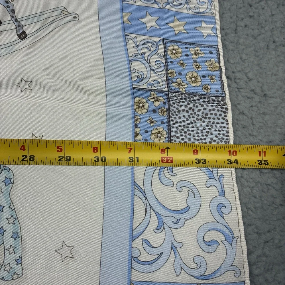 Vintage Longchamp Silk Scarf 34x34 Blue Horse Equestrian Floral Italy Square
